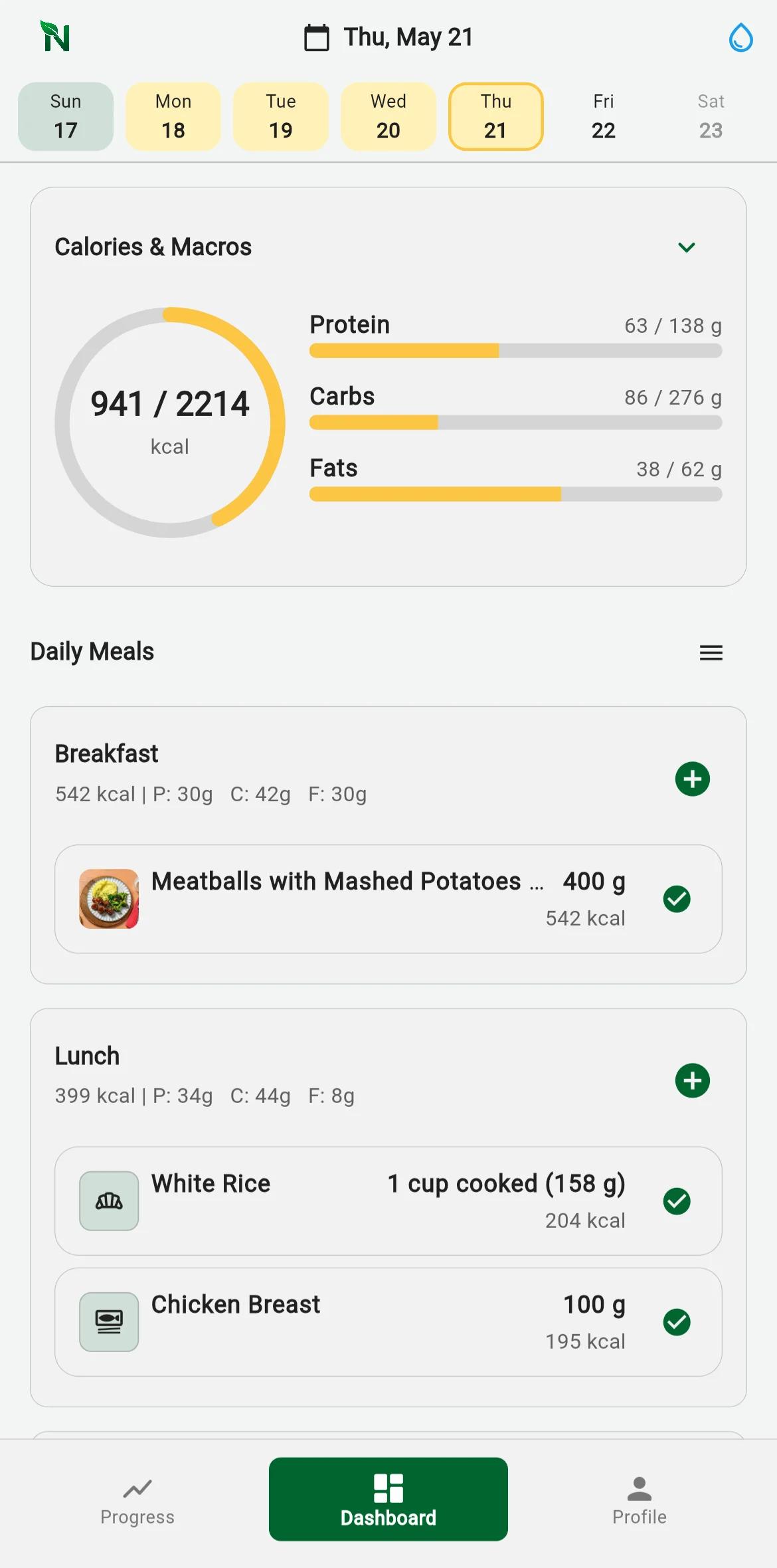 NutriTrack dashboard showing daily calories, macro progress, meals, and quick Add Food entry points.